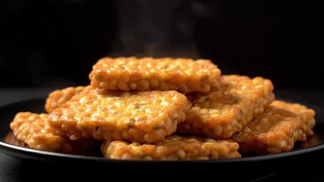  steaming hot crispy rice snack biscuits with fragrant aroma and delicious flavors in a modern aesthetic on black background
