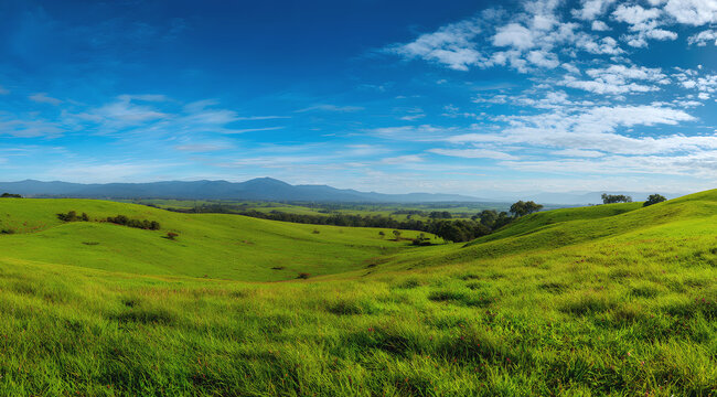 Green rolling hills under blue sky with scattered clouds