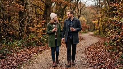 Fototapeta premium A full-length view of a couple walking in a late autumn park with takeaway coffee cups, layered seasonal clothing, leaf-covered paths and soft overcast light shaping a relaxed intimate mood,