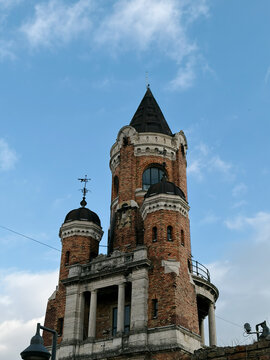 Historic brick tower of Gardos in Zemun Belgrade against blue cloudy sky. Concept of architecture, heritage and European travel destination