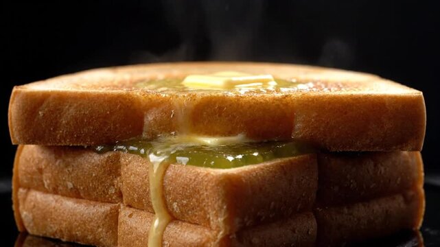 Close-up of hot grilled cheese sandwiches with melted butter dripping from toasted bread slices on black background