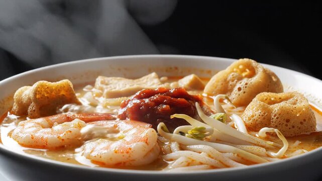 Steaming bowl of aromatic seafood noodle soup with shrimp fish balls and chili sauce