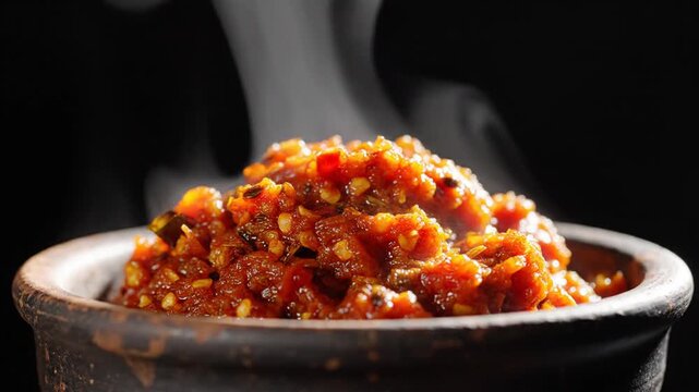 Close-up of steaming spicy chili paste in a dark bowl with a black background showcasing rich texture and vibrant color