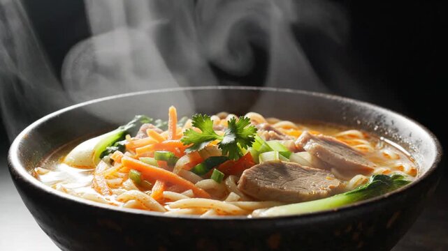 Steaming bowl of hot Asian noodle soup with fresh herbs and tender slices of meat