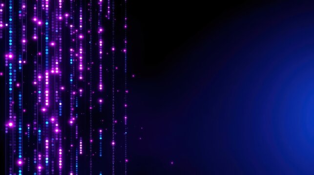 Dark background features vertical streams vibrant purple, blue lights. Digital rain effect creates futuristic aesthetic. Minimalist design.