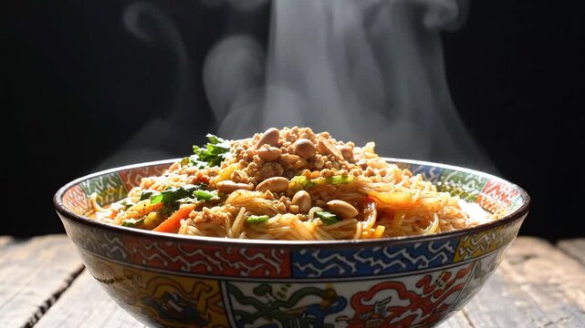 Steaming Asian noodle bowl with vegetables and herbs in a decorative bowl captured in a dynamic video sequence