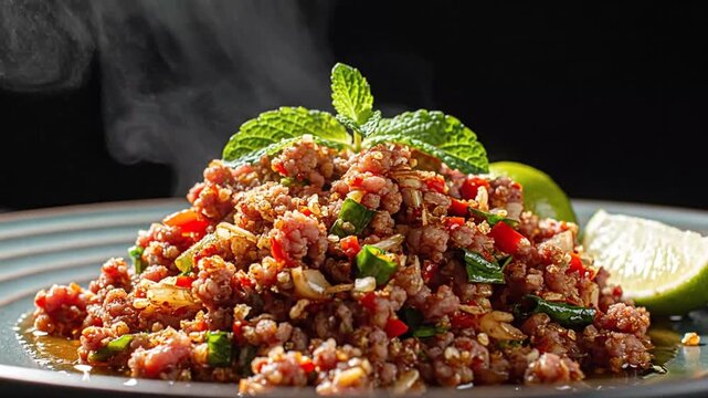 Freshly prepared spicy minced meat dish garnished with mint and lime slices