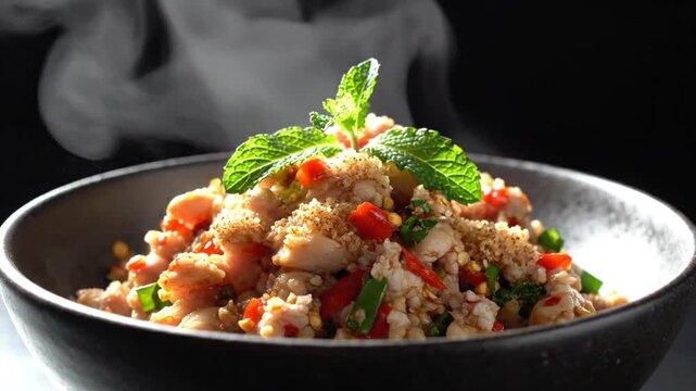 Steaming bowl of savory couscous garnished with fresh mint and colorful vegetables with rising steam and black background