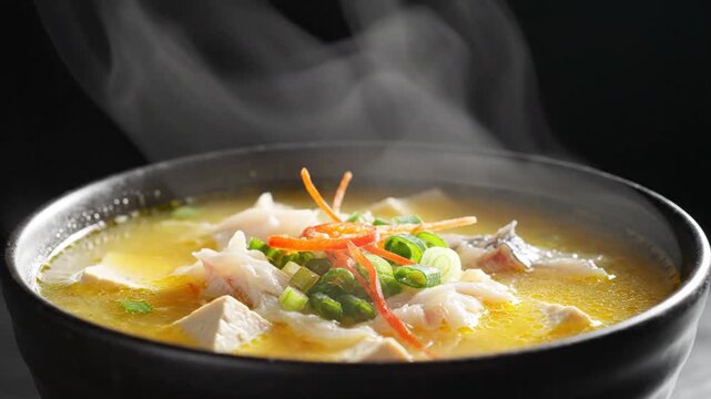Steaming Hot Bowls of Traditional Asian Fish Soup with Fresh Garnishes for Warmth and Comfort