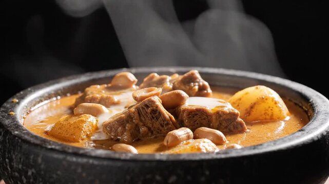  steaming hot beef stew served in traditional clay bowl with aromatic spices and vegetables overview