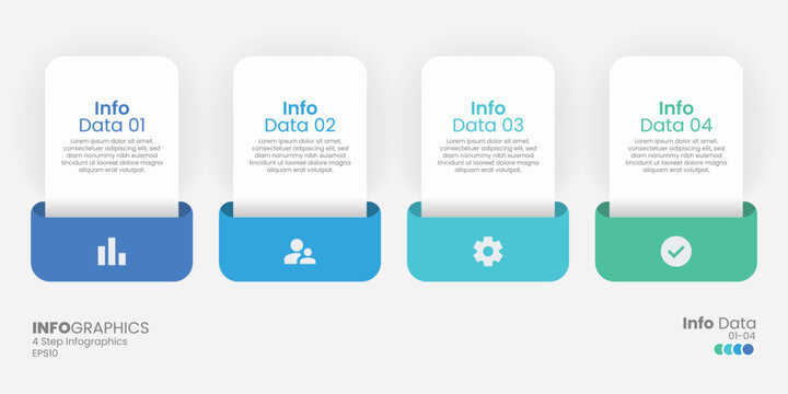 Modern 4 Step Infographic Template with Gradient Cards and Icons. Clean and modern 4-step infographic vector template featuring gradient color cards with minimal icons and text placeholders.