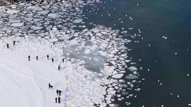 Aerial view of the stark contrast between the dark Baltic Sea and the white ice floes near the shore, with people walking on the snowy beach, Sopot, pomorskie, Poland.