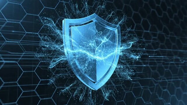A futuristic video showcasing a blue shield with a lightning bolt on a dark background with hexagonal patterns