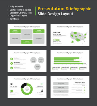 Versatile presentation and infographic slide template layouts featuring diverse data visualizations