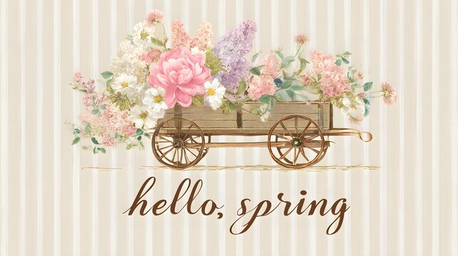 Vintage wooden cart filled with delicate pastel flowers. Watercolor spring illustration with hello spring text. Elegant floral greeting card in shabby chic style.