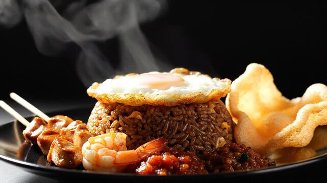Delicious steaming fried rice with shrimp and crispy crackers on a black plate