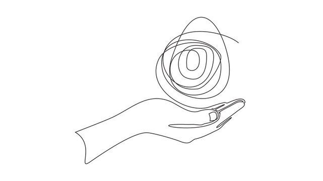 Animated self drawing of continuous line draw of Hand holding tangled ball representing mental health struggles.     Full length one line animation. 4K	
