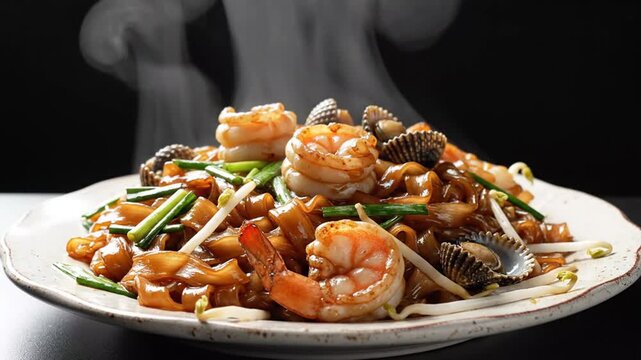 Steaming hot seafood stir-fry with shrimp, clams, vegetables, soy sauce, delicious aroma