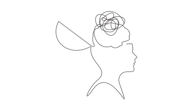 Animated self drawing of continuous line draw of  Head with tangled,    Full length one line animation. 4K	
