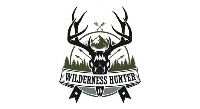 A vector graphic illustration of a wilderness hunter logo with a deer skull and antlers