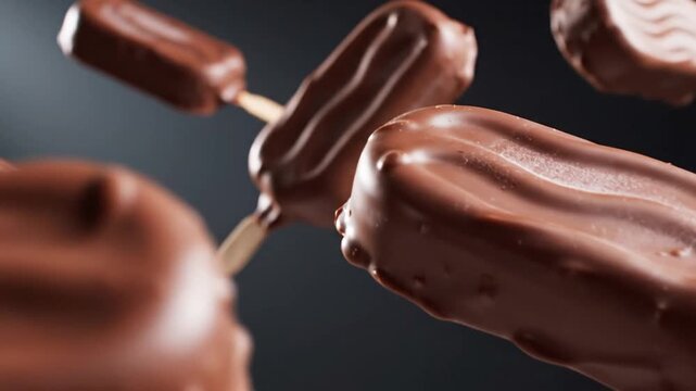 Dynamic slow motion capture of premium chocolate-covered ice cream bars cascading in a dark studio setting, perfect for advertising.