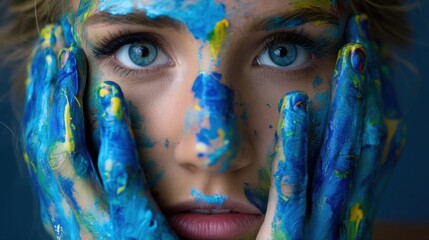 Obraz premium Blue eyed woman with hands covered in vibrant blue and yellow paint touches her face, staring intently with an artistic