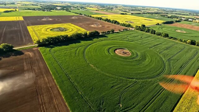 Aerial View of Vibrant Agricultural Fields with Circular Patterns