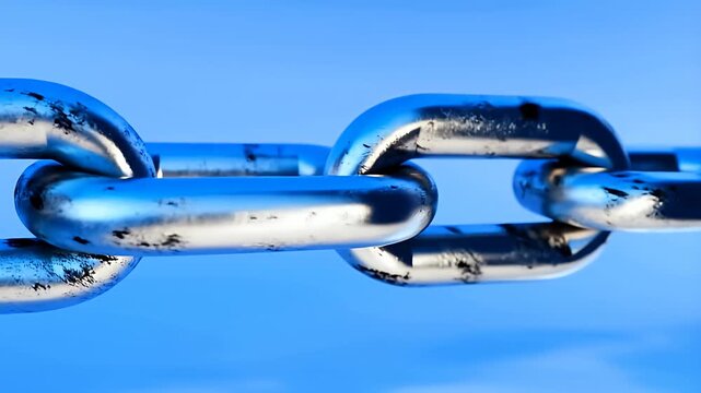 Metal chain links connected together against clear blue sky background showing silver texture, steel.