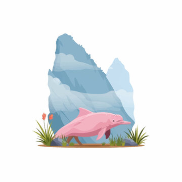 Stylized illustration of a pink boto river dolphin swimming past blue rocky mountains with green marsh grass and red flowers, isolated on a plain white background.