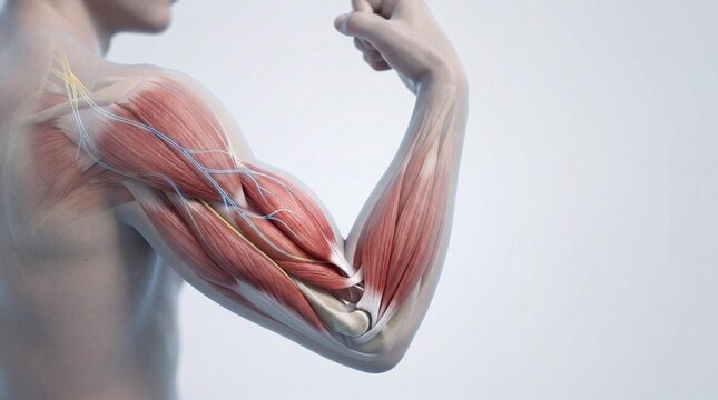 Arm flexion showing muscle contraction with nerve activation overlay