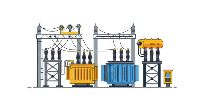 An illustration depicts a high voltage electrical substation with transformers wires and supporting structures silhouette high quality professional detailed modern elegant
