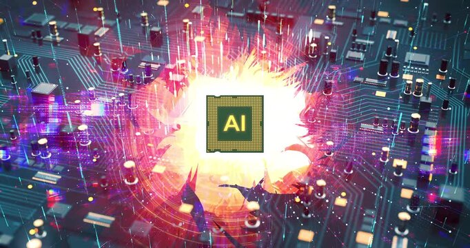 Central GPU chip with artificial intelligence symbol and fire effects. AI Technology Related 3D Computer Animation.