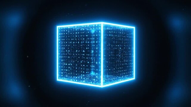 A futuristic blue cube with neon lights glows in the dark, surrounded by a mysterious aura in this captivating video.