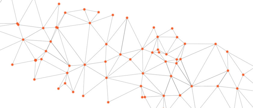 Abstract minimal plexus network with orange dots and gray lines on white background. Clean geometric backdrop for technology, data science, and modern business presentations.