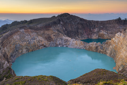 Majestic Sunrise View of the Two Turquoise Volcanic Crater Lakes of Mount Kelimutu, Ende, Flores