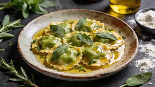 Vegan ravioli with sage in plant based butter sauce, served hot on rustic plate, suitable for healthy menus, home cooking, restaurant dishes and modern food marketing.