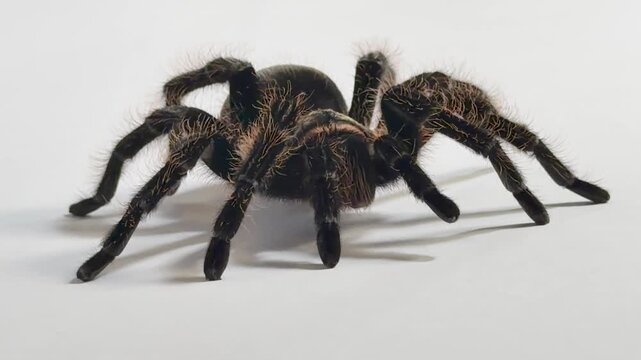 A close up view of a scary big hairy tarantula walking slowly and turning around on a white background in a studio shot.