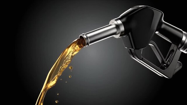 High quality close up of gasoline fuel nozzle pouring liquid on dark background for energy and transportation