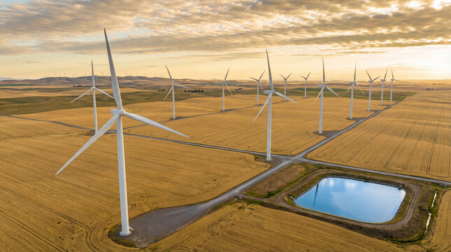 Overhead view of pristine utility-scale wind farm with twelve turbines in geometric grid across green landscape