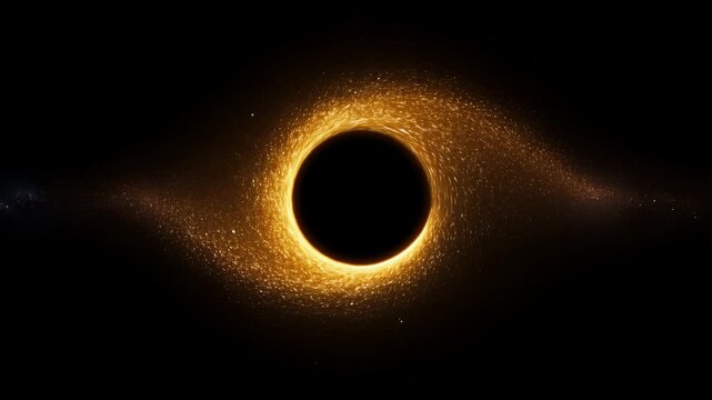 Orange glowing accretion disk swirling around dark circular void in deep space with scattered stars, cosmic.