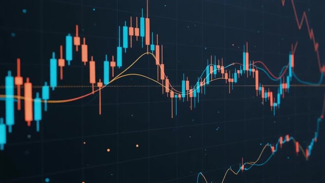 Colorful financial stock market chart with candlestick patterns and trend lines on dark background
