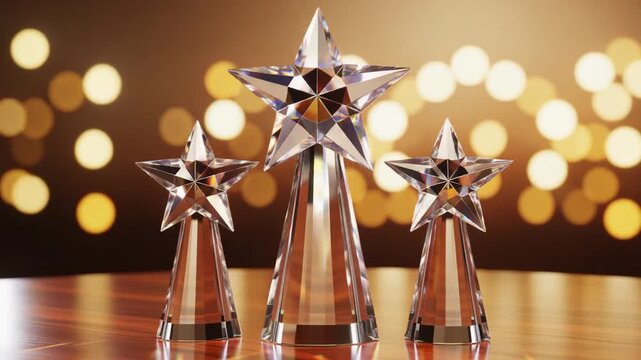 Crystal star trophies on wooden table with glowing bokeh lights background for awards recognition