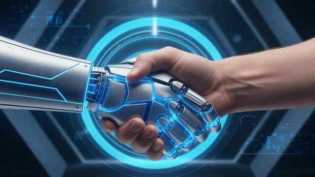 Human hand shaking futuristic robot hand with glowing blue technology interface background