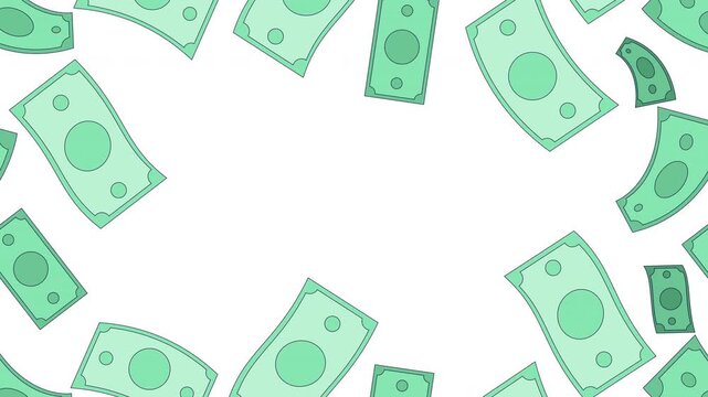 Paper money bills animated frame overlay. Banknotes. Decorative border template animation on transparent background. Horizontal 4K video with copy space. Seamless motion graphics with alpha channel