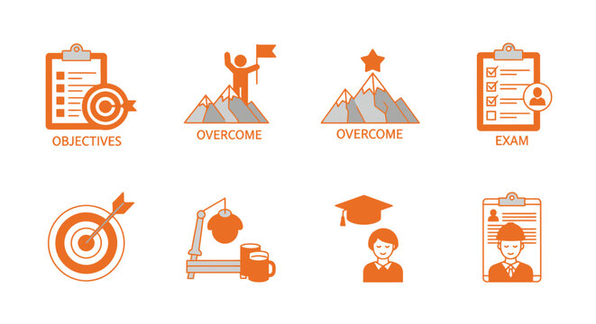 Collection of orange icons depicting goals, planning, and achievement for business and success.