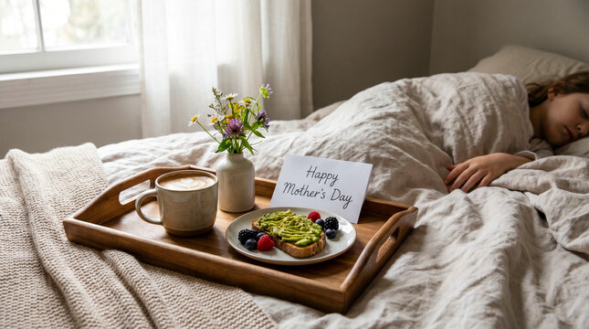 Desayuno especial en cama con flores y caf&eacute; para celebrar el D&iacute;a de la Madre.