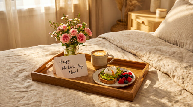 Desayuno especial en cama con flores y caf&eacute; para celebrar el D&iacute;a de la Madre.