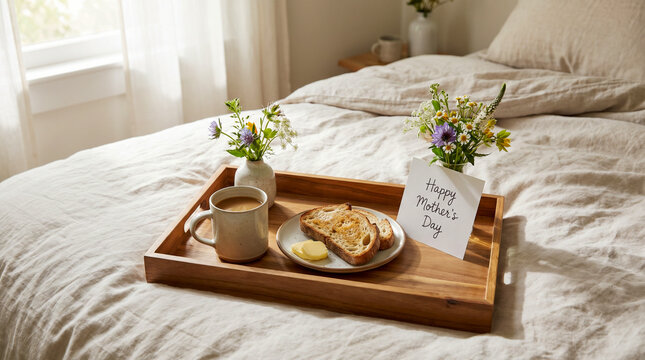 Desayuno especial en cama con flores y caf&eacute; para celebrar el D&iacute;a de la Madre.