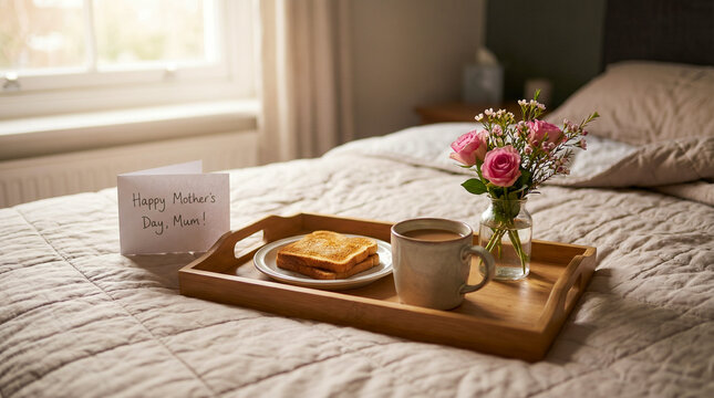 Desayuno especial en cama con flores y caf&eacute; para celebrar el D&iacute;a de la Madre.