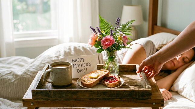 Desayuno especial en cama con flores y caf&eacute; para celebrar el D&iacute;a de la Madre.